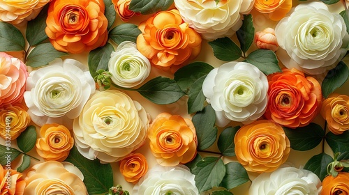   A close-up of vibrant flowers in various colors - orange  yellow  and pink - against a white background with foliage