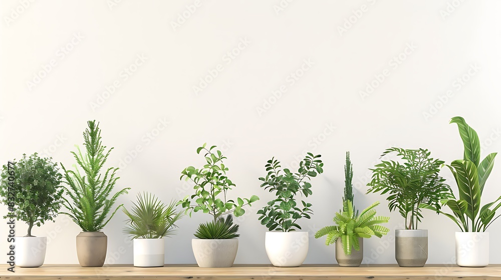 3D rendering of various indoor plants in pots and on a wooden sideboard against a white background, featuring green houseplants for indoor decor and decoration design concepts 3D rendering of various indoor plants in pots and on a wooden sideboard against a white background, featuring green houseplants for indoor decor and decoration design concepts