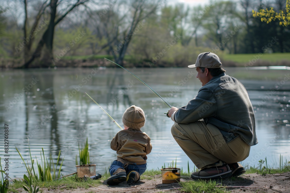 Father and Toddler Fishing by Lake: Outdoor Bonding Moment Father and Toddler Fishing by Lake: Outdoor Bonding Moment