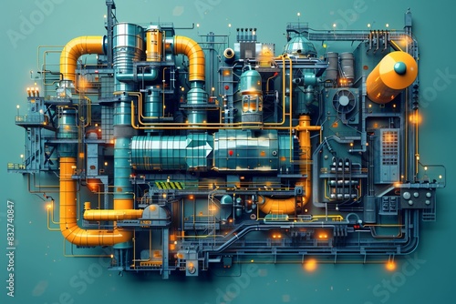 Macro view of a sprawling factory with pipes and valves