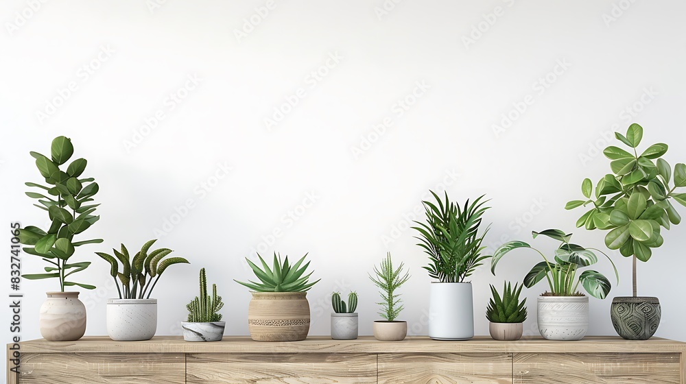 3D rendering of various indoor plants in pots and on a wooden sideboard against a white background, featuring green houseplants for indoor decor and decoration design concepts 3D rendering of various indoor plants in pots and on a wooden sideboard against a white background, featuring green houseplants for indoor decor and decoration design concepts