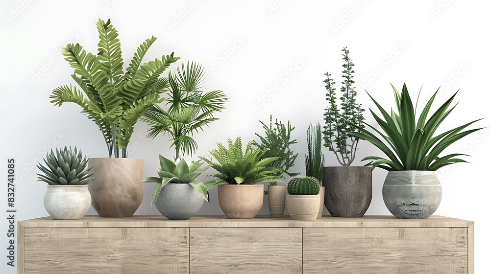 3D rendering of various indoor plants in pots and on a wooden sideboard against a white background, featuring green houseplants for indoor decor and decoration design concepts 3D rendering of various indoor plants in pots and on a wooden sideboard against a white background, featuring green houseplants for indoor decor and decoration design concepts