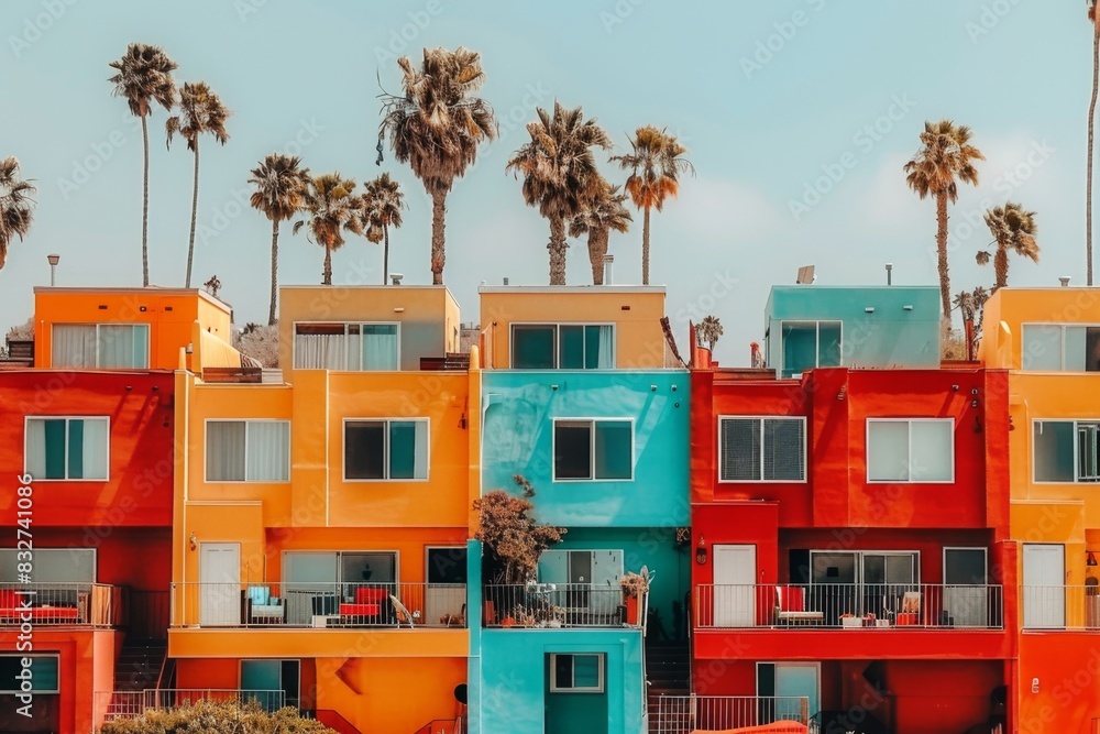Fototapeta premium Tourist destination colorful city candy buildings South America architecture old houses palms art home exterior facade town streets historic exploration warm tropical county tourism aesthetic