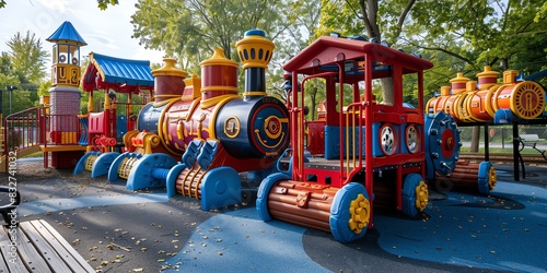 Wallpaper Mural Playground with a train theme, including trainshaped structures, tracks, and tunnels Torontodigital.ca