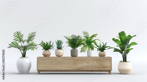 3D rendering of various indoor plants in pots and on a wooden sideboard against a white background, featuring green houseplants for indoor decor and decoration design concepts