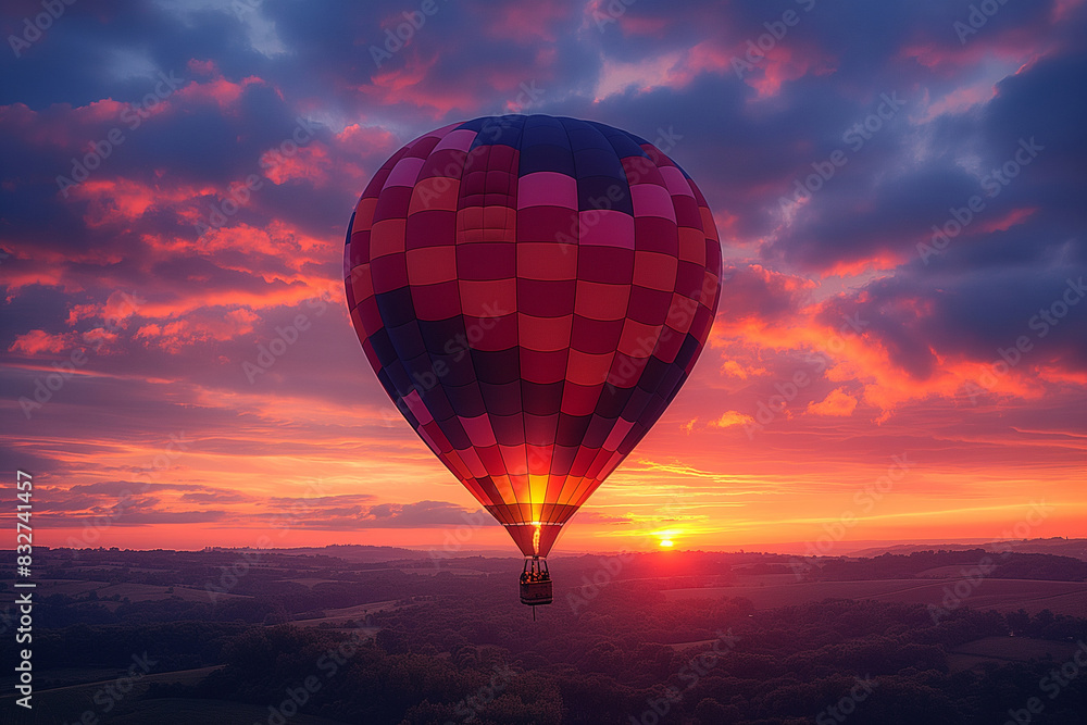 A hot air balloon silhouetted against a vibrant sunset sky, with hues of orange, pink, and purple blending together.