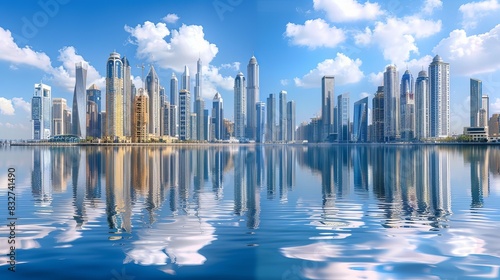 A cityscape of modern Dubai Marina with reflections shimmering in the water below.