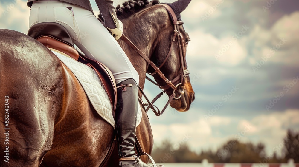 Horse Sports. Rider Sitting on Bay Horse in Saddle for Equestrian Competition Horse Sports. Rider Sitting on Bay Horse in Saddle for Equestrian Competition