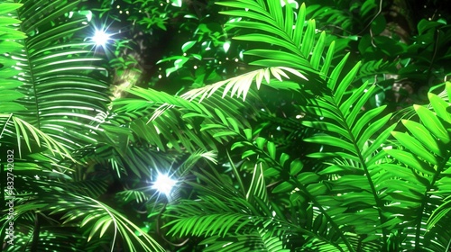   A verdant woodland abounds in abundant foliage  bathed in radiant sunlight upon leafy canopies