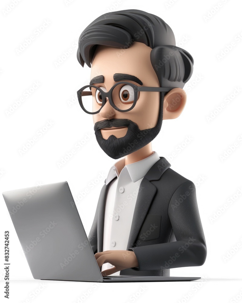 Three-dimensional Illustration of a Cartoon Businessman Working in Office with Laptop Three-dimensional Illustration of a Cartoon Businessman Working in Office with Laptop