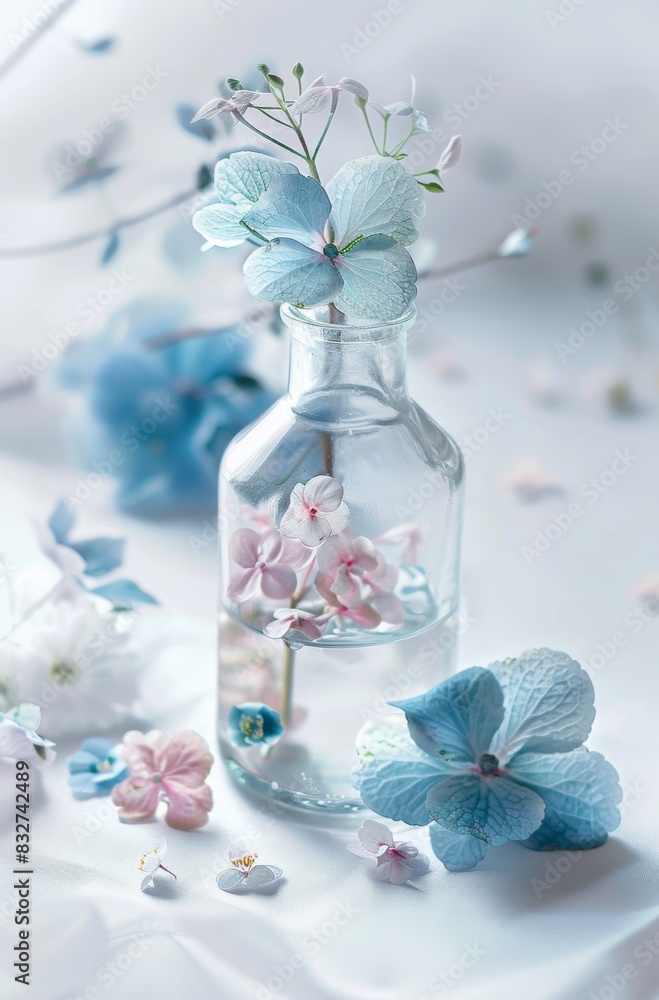 A bottle filled with water holding a hydrangea branch surrounded by various delicate flowers A bottle filled with water holding a hydrangea branch surrounded by various delicate flowers