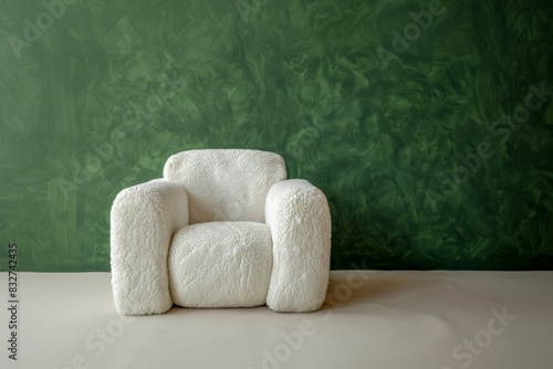 A small, plush child's chair on a white bench with green textured background photo