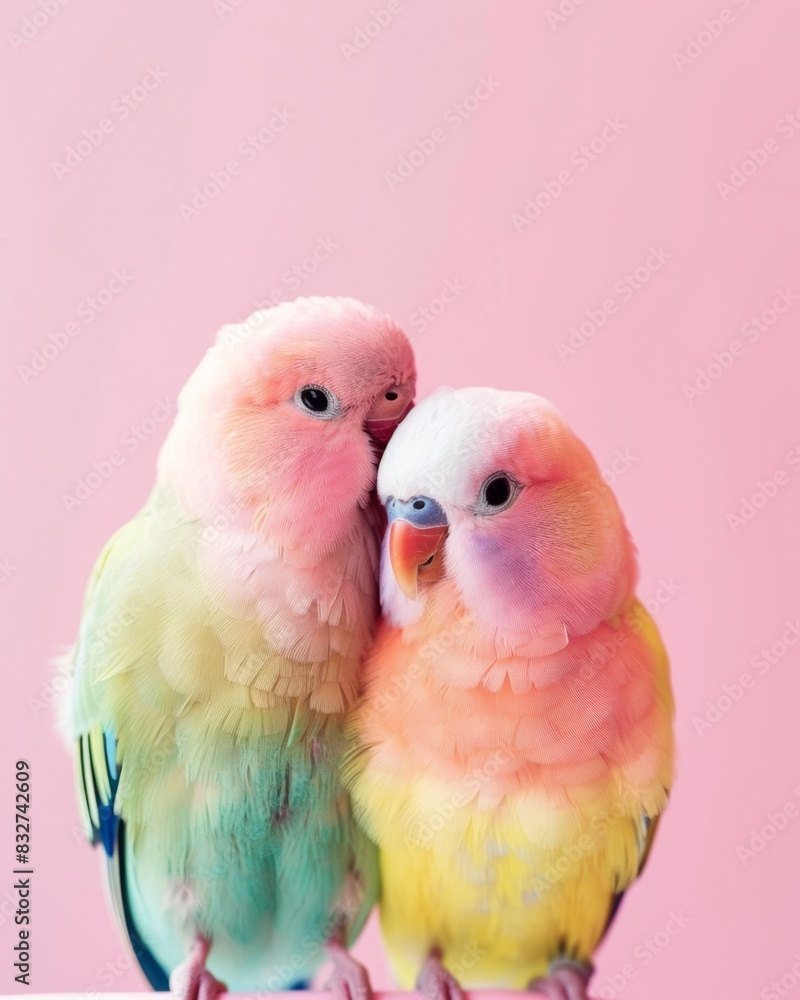 A vivid image of two parakeets with pastel-colored feathers tenderly interacting against a soft pink backdrop