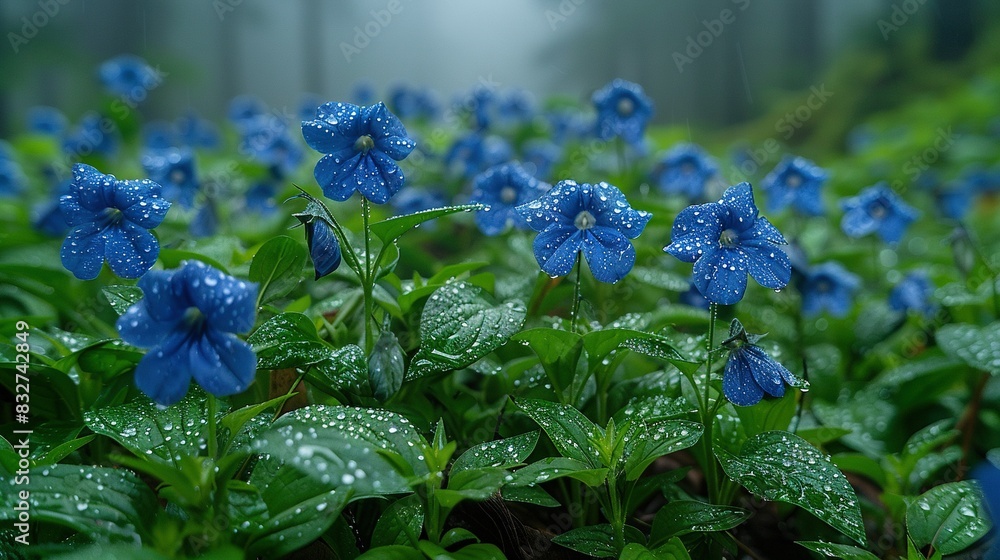 A collection of azure blossoms adorned with dew drops resting amidst verdant foliage and towering trees A collection of azure blossoms adorned with dew drops resting amidst verdant foliage and towering trees