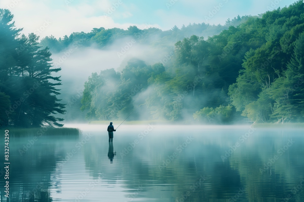 Fototapeta premium Man Fishing in Serene Lake