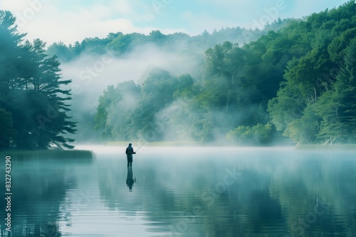 Man Fishing in Serene Lake