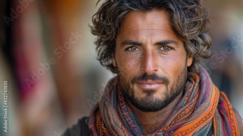 Middle Eastern guy looking at camera, wearing a scarf. Portrait of an Arab man wearing a scarf outside in the sun. Concept about character, people, Islam.