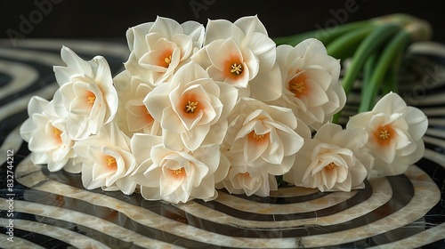   A group of white blossoms rest atop a monochromatic marble surface alongside a verdant foliage