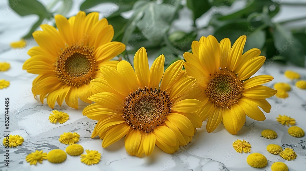 A cluster of sunflowers rests atop a polished marble surface alongside an emerald foliage shrub A cluster of sunflowers rests atop a polished marble surface alongside an emerald foliage shrub