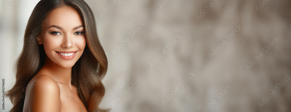 Beautiful black woman with smooth healthy face skin. Gorgeous aging mature woman with long hair smiling gracefully. Panorama with copy space. Beautiful black woman with smooth healthy face skin. Gorgeous aging mature woman with long hair smiling gracefully. Panorama with copy space.