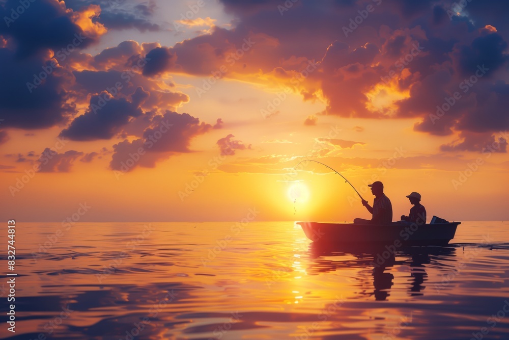 Father and Son Fishing from Boat at Sunset Father and Son Fishing from Boat at Sunset