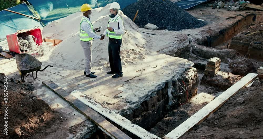 Team, planning and construction site or handshake outside, people and subcontractor or engineer talking. Property development, deal and real estate agreement, building material and introduction