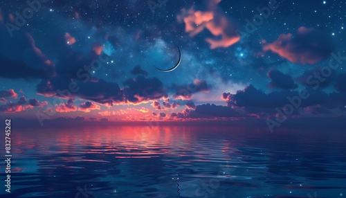 A beautiful night sky with stars and a crescent moon, reflecting on the calm water surface