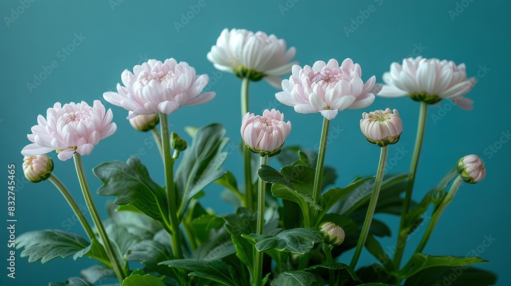 Pink flowers in vase on blue background with green leafy plant in foreground Pink flowers in vase on blue background with green leafy plant in foreground