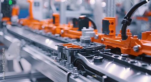 Closeup of electric vehicle battery cell assembly line in mass production showcasing cutting-edge electric vehicle technology and automotive innovation trends
 photo