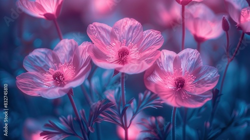   A vivid bouquet of pink flowers against a serene blue-pink backdrop featuring prominent pink blossoms in the foreground