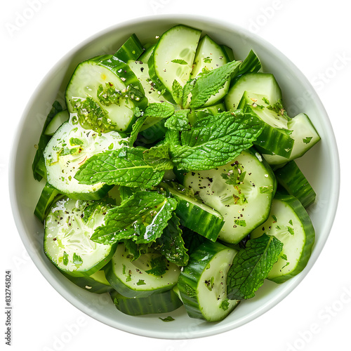 Cucumber and mint salad isolated on transparent background. Generative Ai. 

 photo