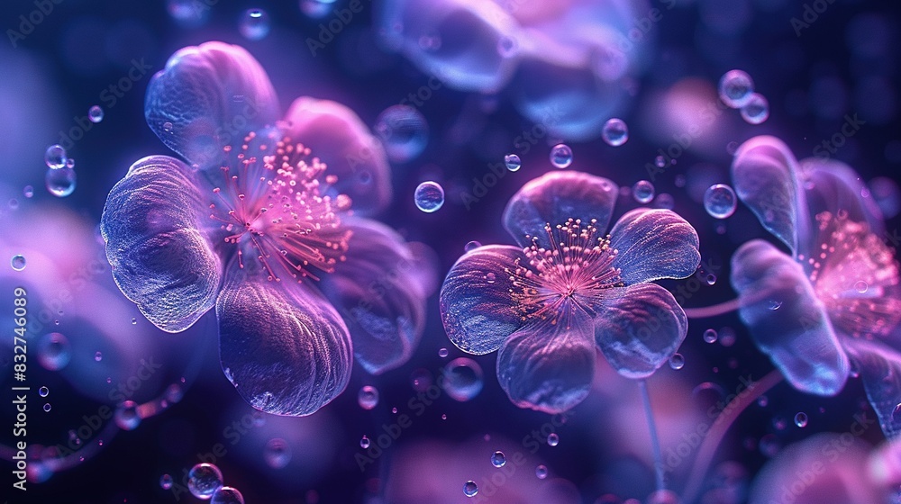 Close-up of blooming flowers with water droplets on petals, featuring a prominent pink flower Close-up of blooming flowers with water droplets on petals, featuring a prominent pink flower