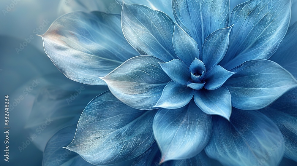   Close-up of a blue flower with plenty of leaves on the base of the flower and beneath the petals