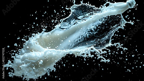   A bottle of milk floats in mid-air, splashed by droplets of water Below, the background is dark photo