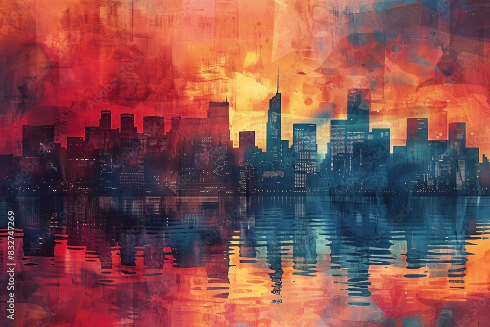 Fototapeta premium City skyline painting red sky water