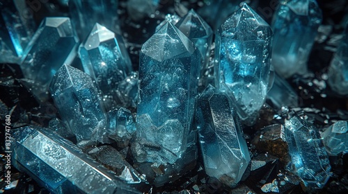  A cluster of blue crystals resting atop a mound of soil and stones, adorned with droplets of water