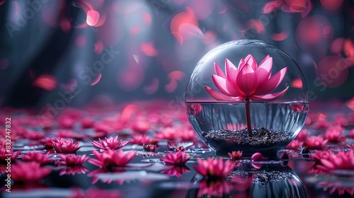   Pink flower floats above water lilies in glass bowl photo