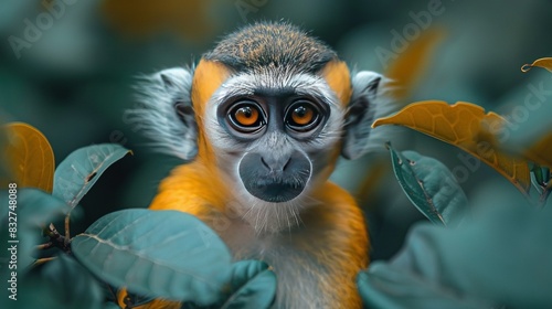   Close-up of a monkey's face surrounded by green leaves in the background photo