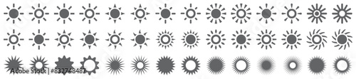 Set of sun icons. Sunshine, solar symbol. Sunset, summer, sunrise, sun shine, screen brightness. Decorative circle with rays. Vector.