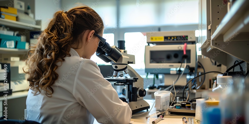 Lab technician in the lab, back view, preparing samples for testing, surrounded by advanced lab instruments Lab technician in the lab, back view, preparing samples for testing, surrounded by advanced lab instruments