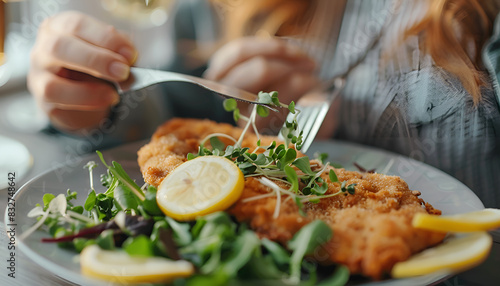 Wallpaper Mural Woman eating delicious schnitzel with lemon and microgreens at grey table, closeup Torontodigital.ca