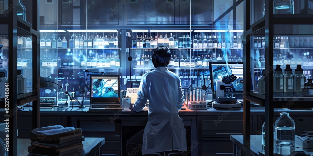 Lab technician in the lab, back view, analyzing liquid samples, hightech lab environment Lab technician in the lab, back view, analyzing liquid samples, hightech lab environment