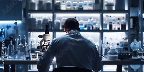 Lab technician in the lab, back view, working with a microscope and hightech research tools