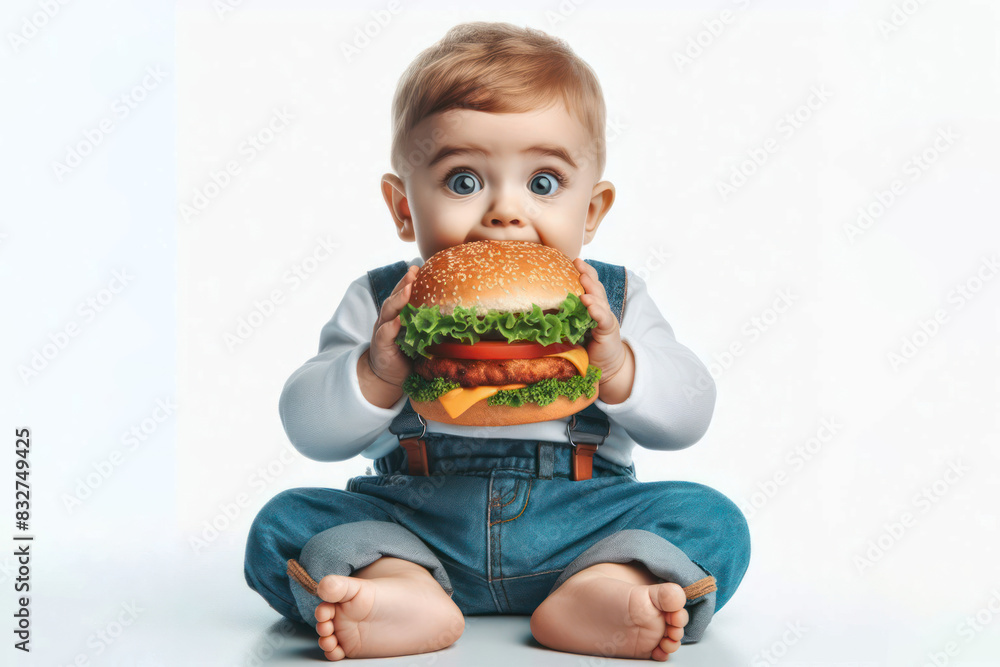 funny baby sit with a burger in mouth Isolated on white background copy space funny baby sit with a burger in mouth Isolated on white background copy space