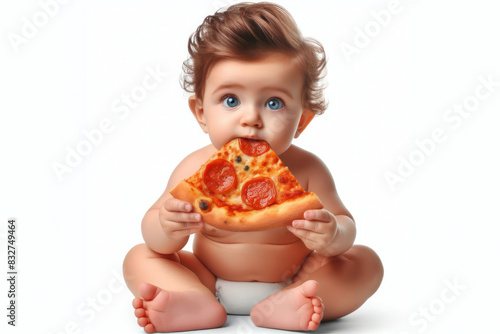 funny baby with a piece of pizza in his mouth Isolated on white background
