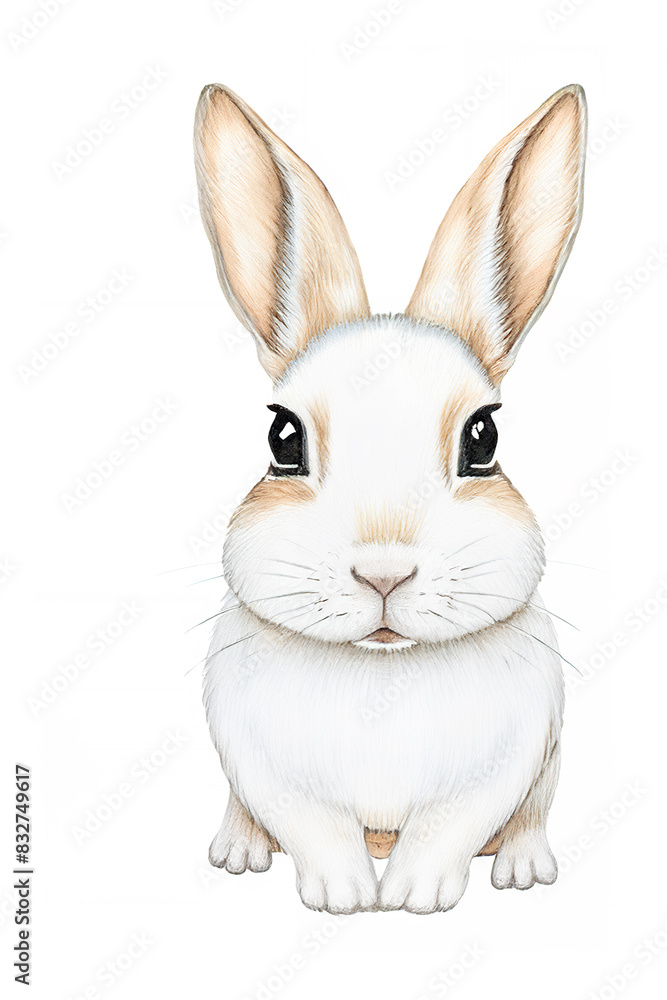 Obraz premium アナログタッチ、手描き風の可愛いネザーランドドワーフ、兎のイラスト正面 卯年 年賀状 AI生成画像