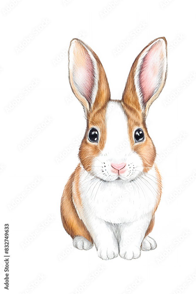 Obraz premium アナログタッチ、手描き風の可愛いネザーランドドワーフ、兎のイラスト正面 卯年 年賀状 AI生成画像