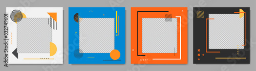 Vector illustration. Geometric abstract photo frame set. Memphis pattern. Design elements for web banner, social media template. Banner clipping mask. Neo classical background collection