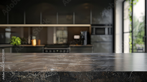 A kitchen with a marble countertop and a view of the outside