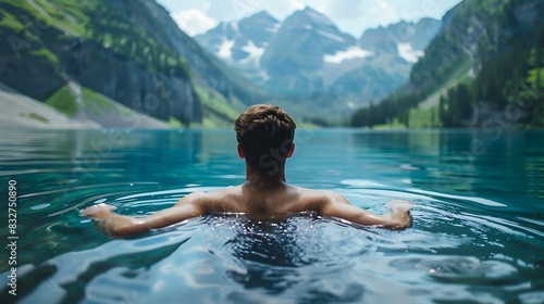 Man swimming in a mountain lake, enjoying refreshing activity © GraphixOne